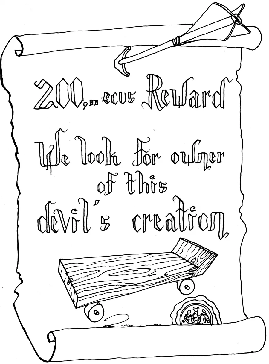 L'avis de recherche de l'édition anglaise, à l'encre noire, avant la couleur : « 200 écus Reward — We look for owner of this devil's creation ».