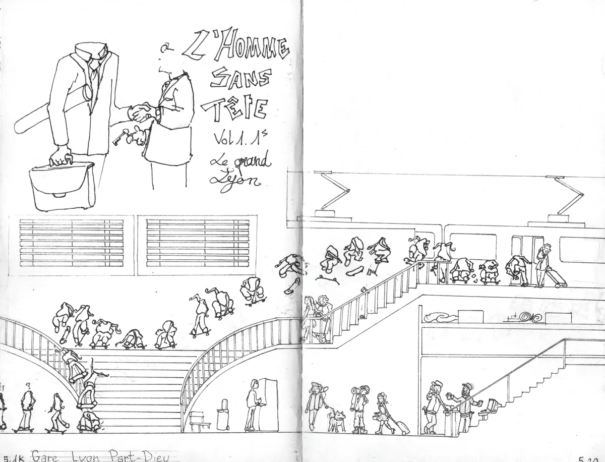 Le dessin d'origine, scanné dans le carnet : la gare Part-Dieu à l'encre sur une double page, la pliure au milieu, et une ancienne mention « Vol 1.1s ».