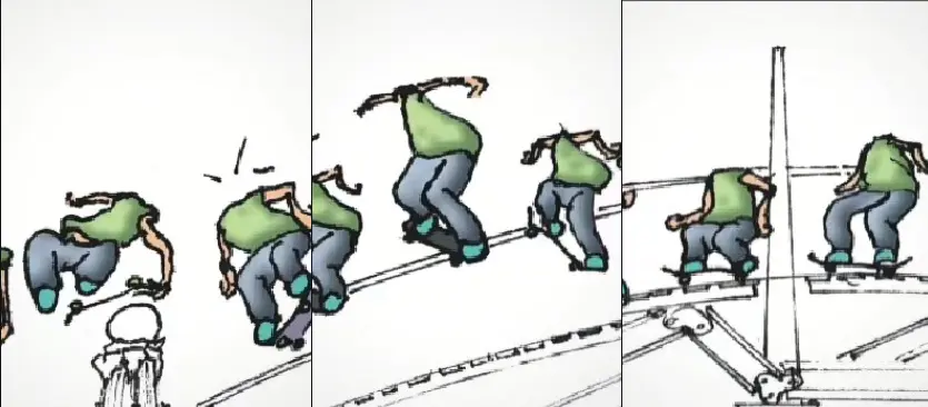 Croquis au trait : le personnage aborde une rampe courbe, en trois positions successives.