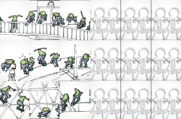 Feuille de recherches : une grille de petites vignettes reprenant la même figure, encore et encore.