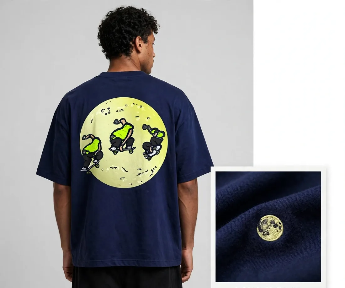 T-shirt bleu nuit — Le bleu du lettrage de couverture, repris sur le vêtement.