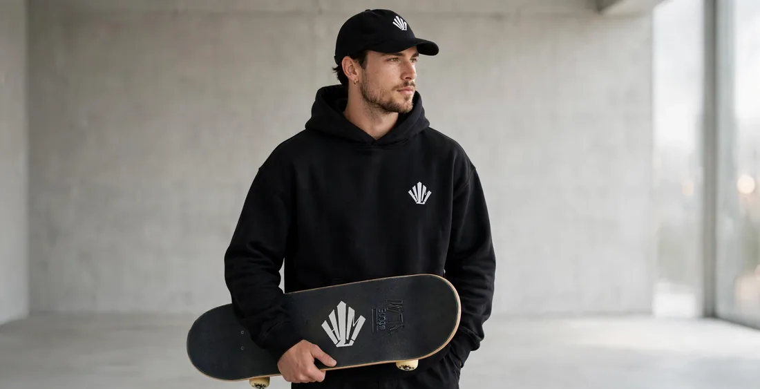 Un skateur en sweat noir, sa planche noire marquée d'un seul logo HLM.