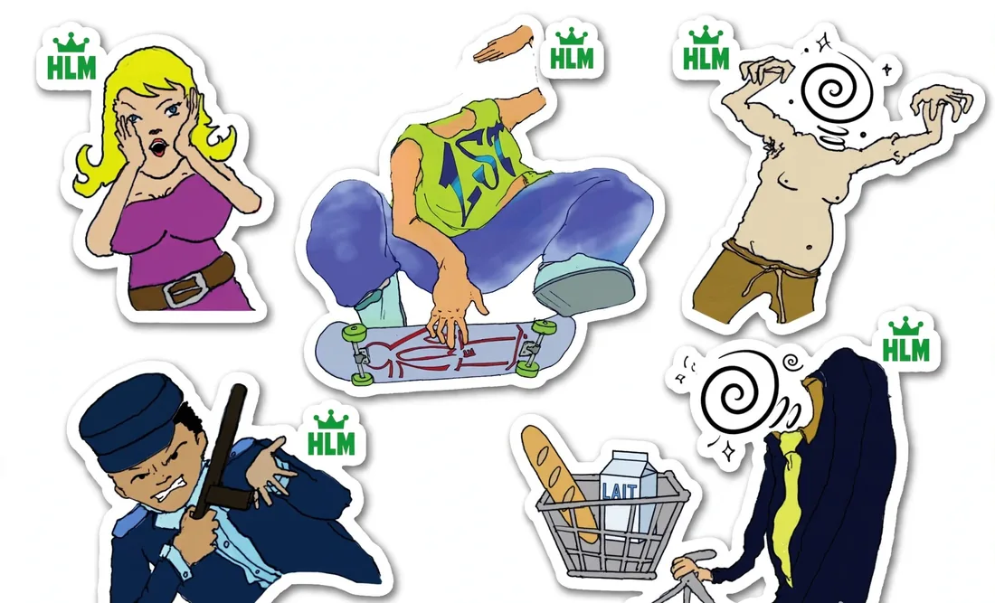 Planche de stickers — Les personnages tirés des planches : le skateur, le gendarme, la passante, le vieil homme au caddie.