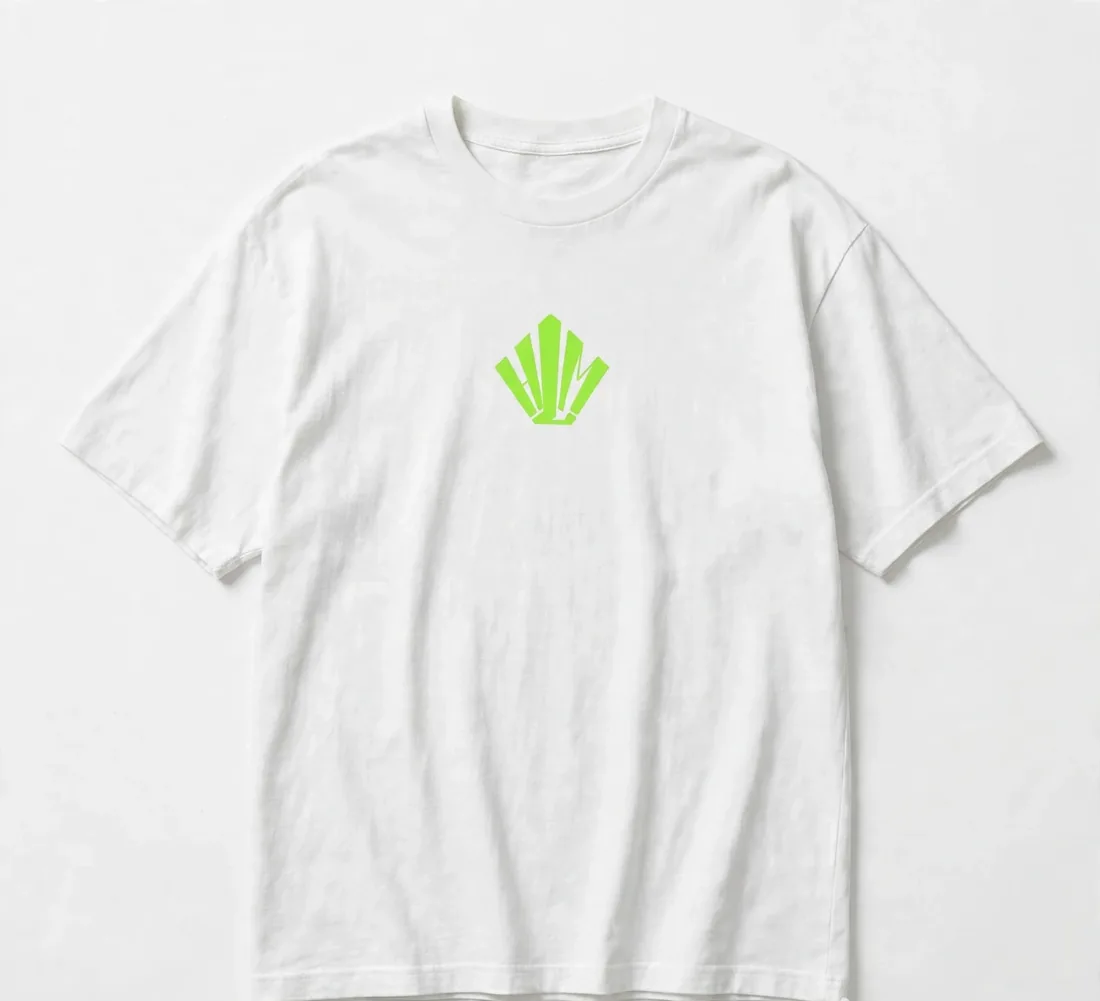T-shirt blanc · couronne néon — Le même logo fluo, sur coton blanc.