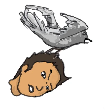 La tête perdue, renversée, un pigeon gris posé dessus.