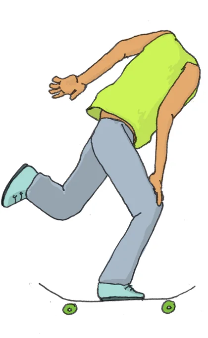 L'homme sans tête sur sa planche : t-shirt vert, jean gris, baskets turquoise, et rien au-dessus des épaules.