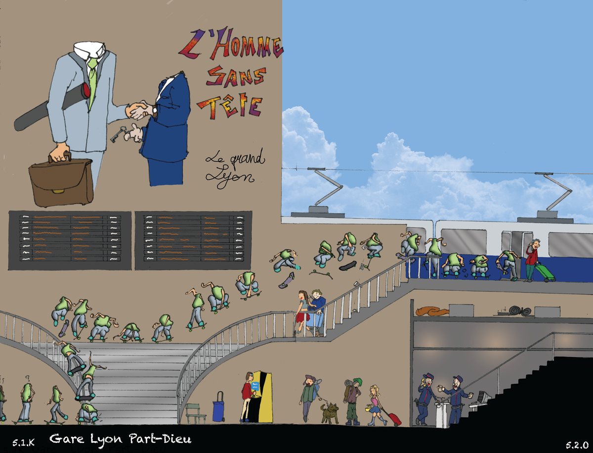 Planche : dans la gare de la Part-Dieu, l'homme sans tête dévale les escaliers et les rampes en une soixantaine de positions successives, jusqu'au quai du tramway. En haut, une fresque montre deux hommes d'affaires qui se serrent la main.