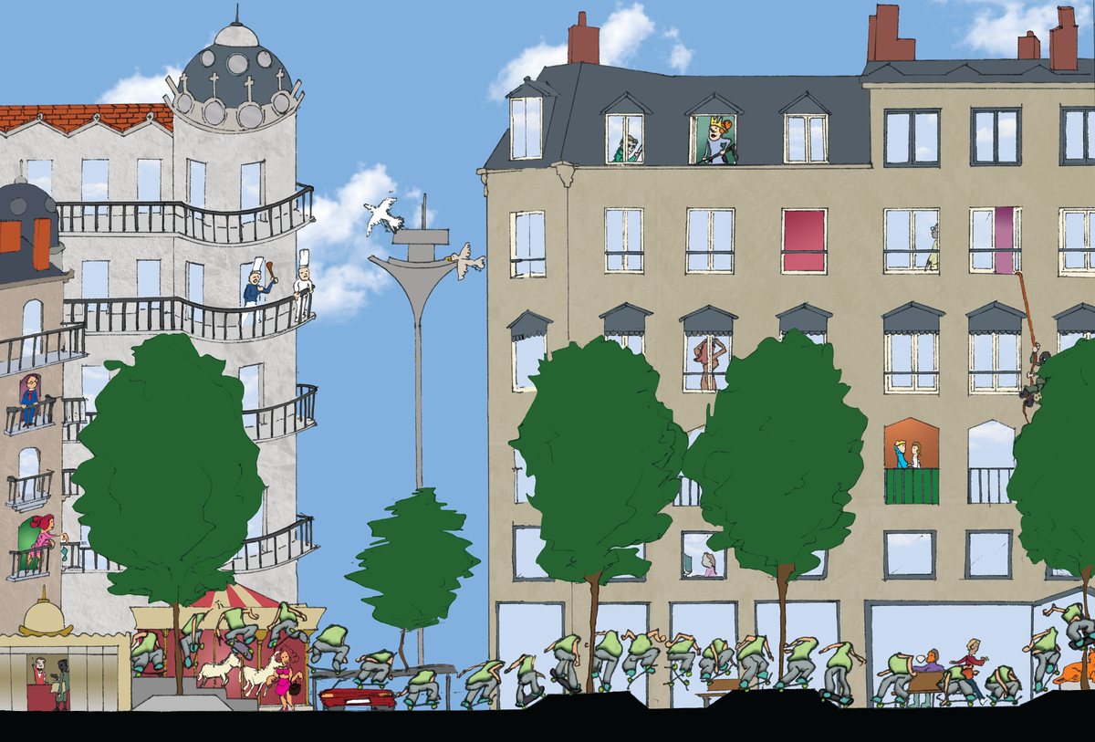 Planche : sur la place de la République, à Lyon, l'homme sans tête file au pied des façades et des arbres, entre un manège et des bancs, sous un lampadaire où se posent des colombes ; à une fenêtre, un roi regarde passer.