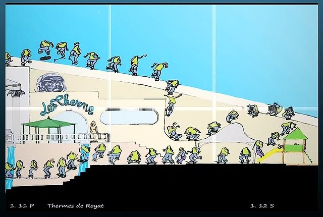 Planche : devant les Thermes de Royat et son kiosque à musique, l'homme sans tête dévale le grand toit en pente puis file vers l'aire de jeux.