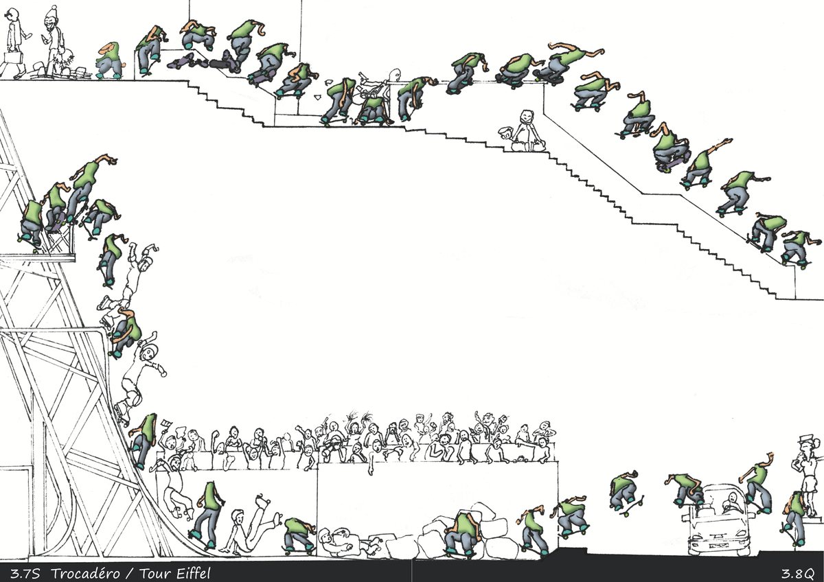 Planche : l'homme sans tête descend les escaliers du Trocadéro puis dévale un pied de la Tour Eiffel comme une rampe, devant la foule massée sur le parvis. Décor au trait noir sur blanc, personnage en couleur.
