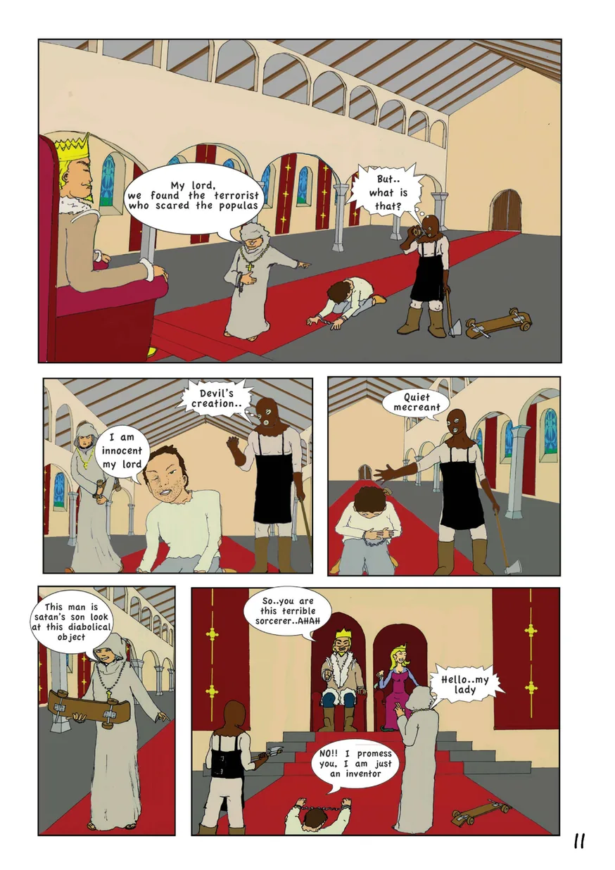 Page: before the king, a monk points at the kneeling inventor and his skateboard. “We have found the heretic terrorising the people.”