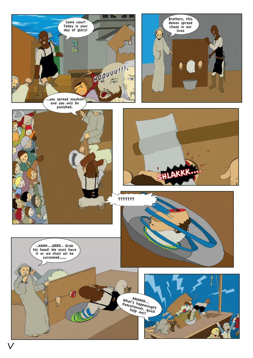 Page: the axe falls. The head rolls away and vanishes into a blue and green spiral.