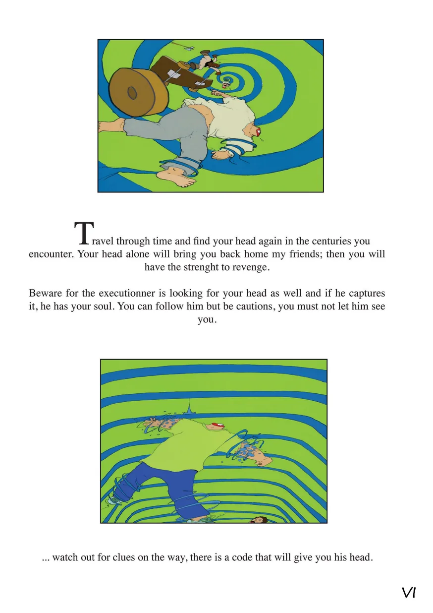 Page: at the top, the man and his board tumble into a blue and green spiral; below, the headless body shoots down a green tunnel; between the two, the sorcerer's words.